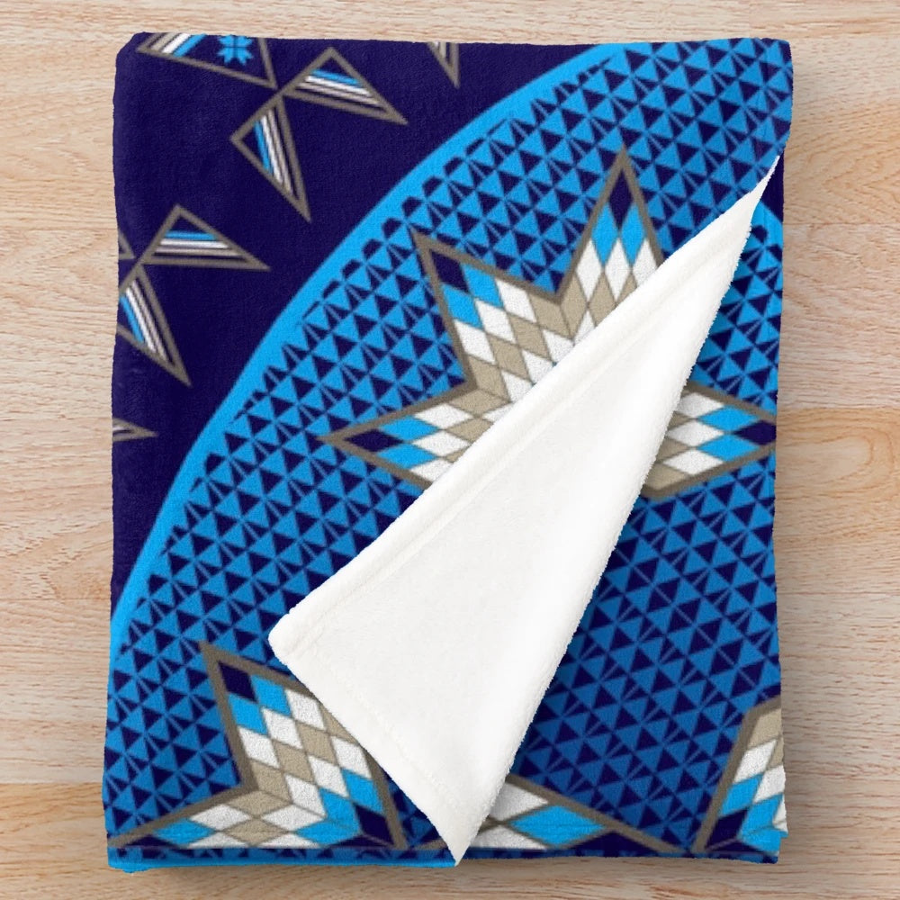 Native American inspired plush blanket with morning star and blue diamond design