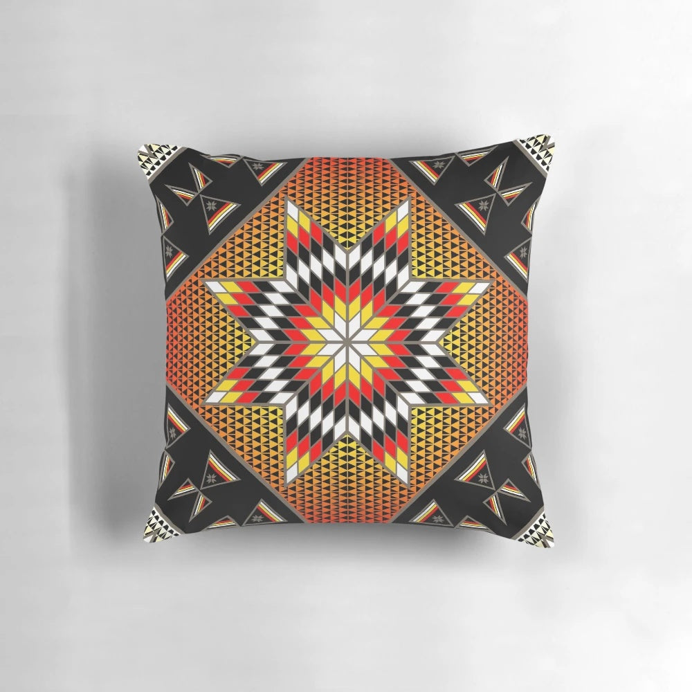 Pillow featuring a beautiful Native American-inspired design with a morning star and tipis.