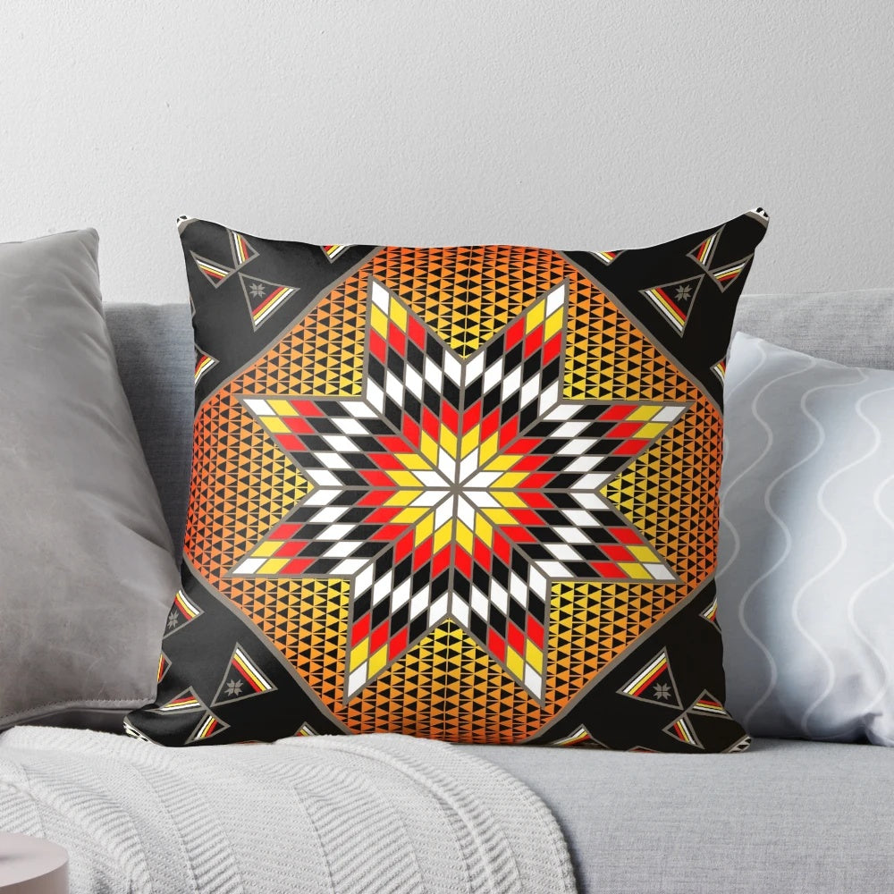 Pillow featuring a beautiful Native American-inspired design with a morning star and tipis.