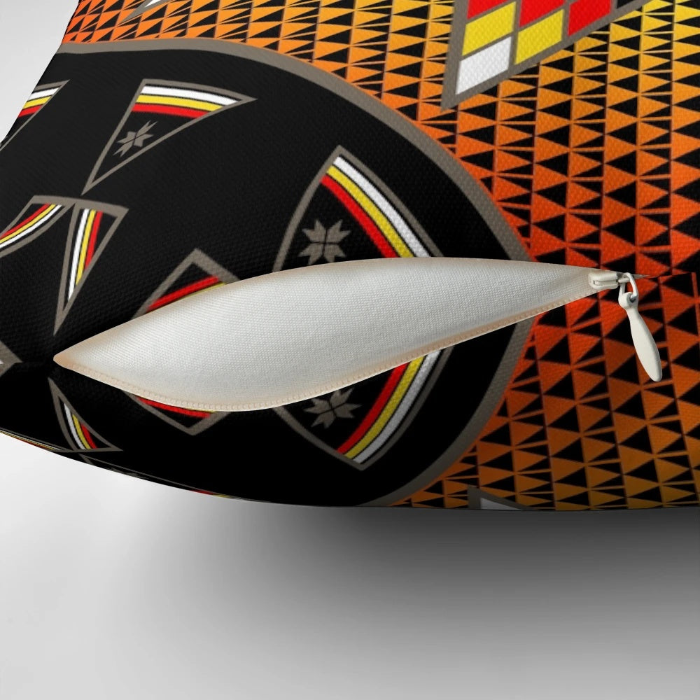 Pillow featuring a beautiful Native American-inspired design with a morning star and tipis.