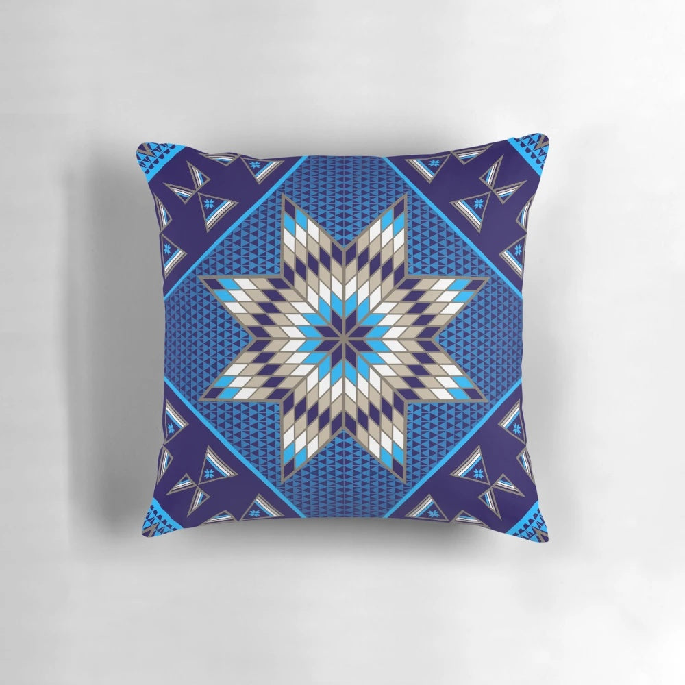 Native American-inspired morning star design pillow with blue diamond pattern