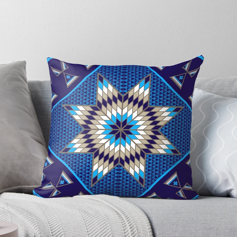 Native American-inspired morning star design pillow with blue diamond pattern