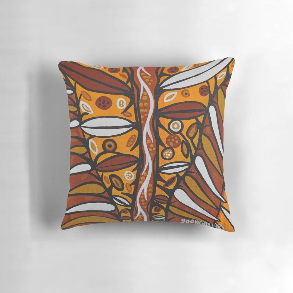 Vibrant tropical rainforest-inspired pillow featuring authentic Aboriginal art from Native Creations