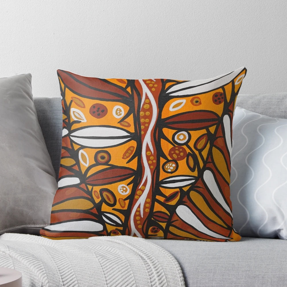 Vibrant tropical rainforest-inspired pillow featuring authentic Aboriginal art from Native Creations