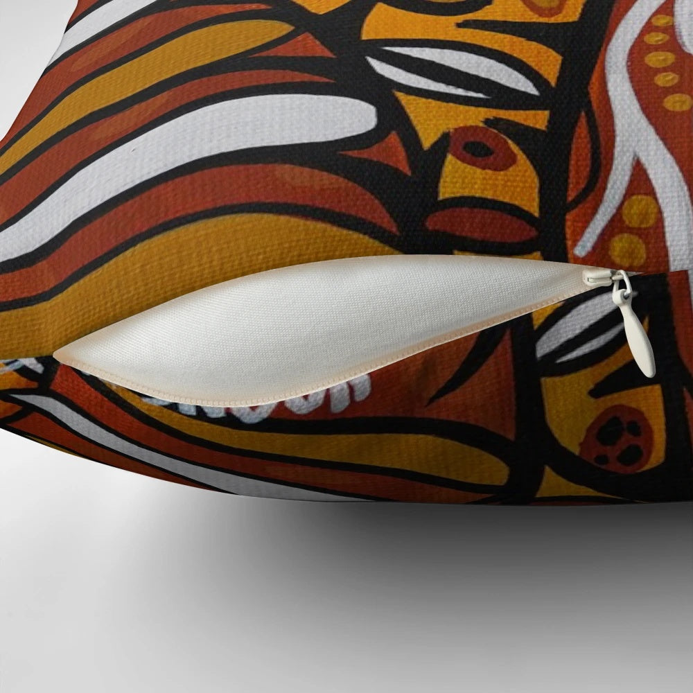 Vibrant tropical rainforest-inspired pillow featuring authentic Aboriginal art from Native Creations