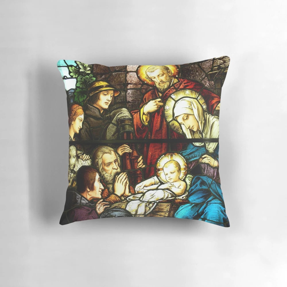 Nativity scene decorative pillow featuring the holy family and stained glass design