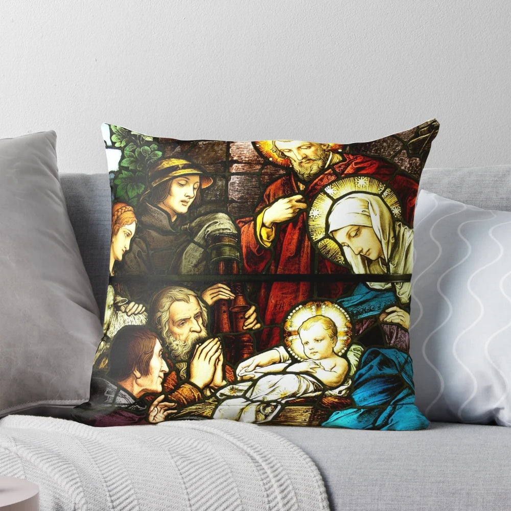 Nativity scene decorative pillow featuring the holy family and stained glass design