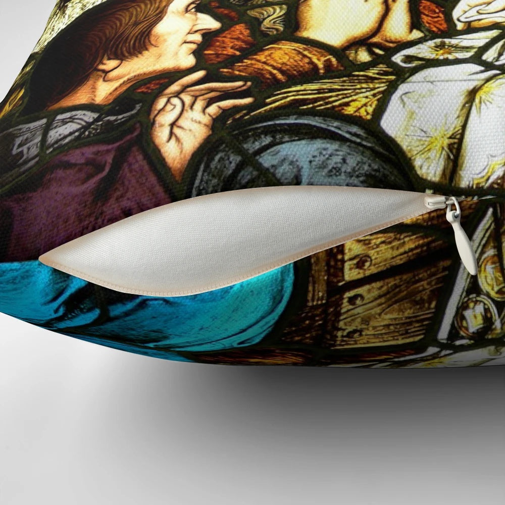 Nativity scene decorative pillow featuring the holy family and stained glass design