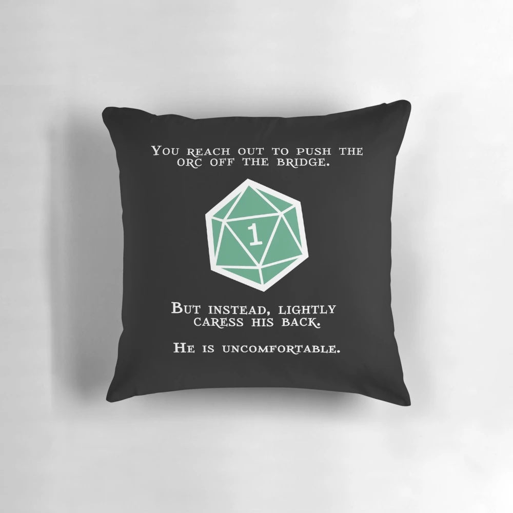 A white decorative pillow featuring an orc design, perfect for Dungeons & Dragons enthusiasts.