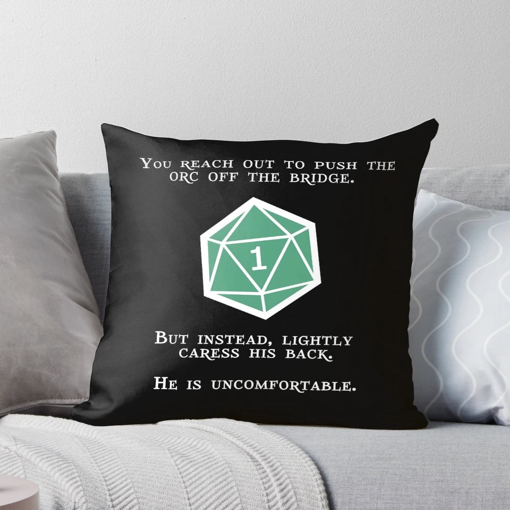 A white decorative pillow featuring an orc design, perfect for Dungeons & Dragons enthusiasts.