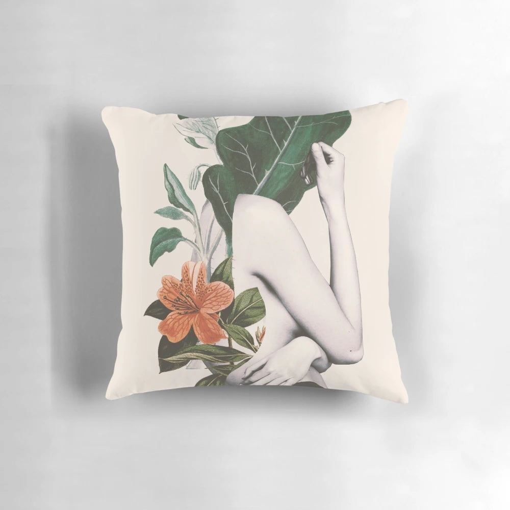 A beautiful natural beauty-inspired collage of leaves, flowers, and a feminine portrait, printed on a high-quality pillow.