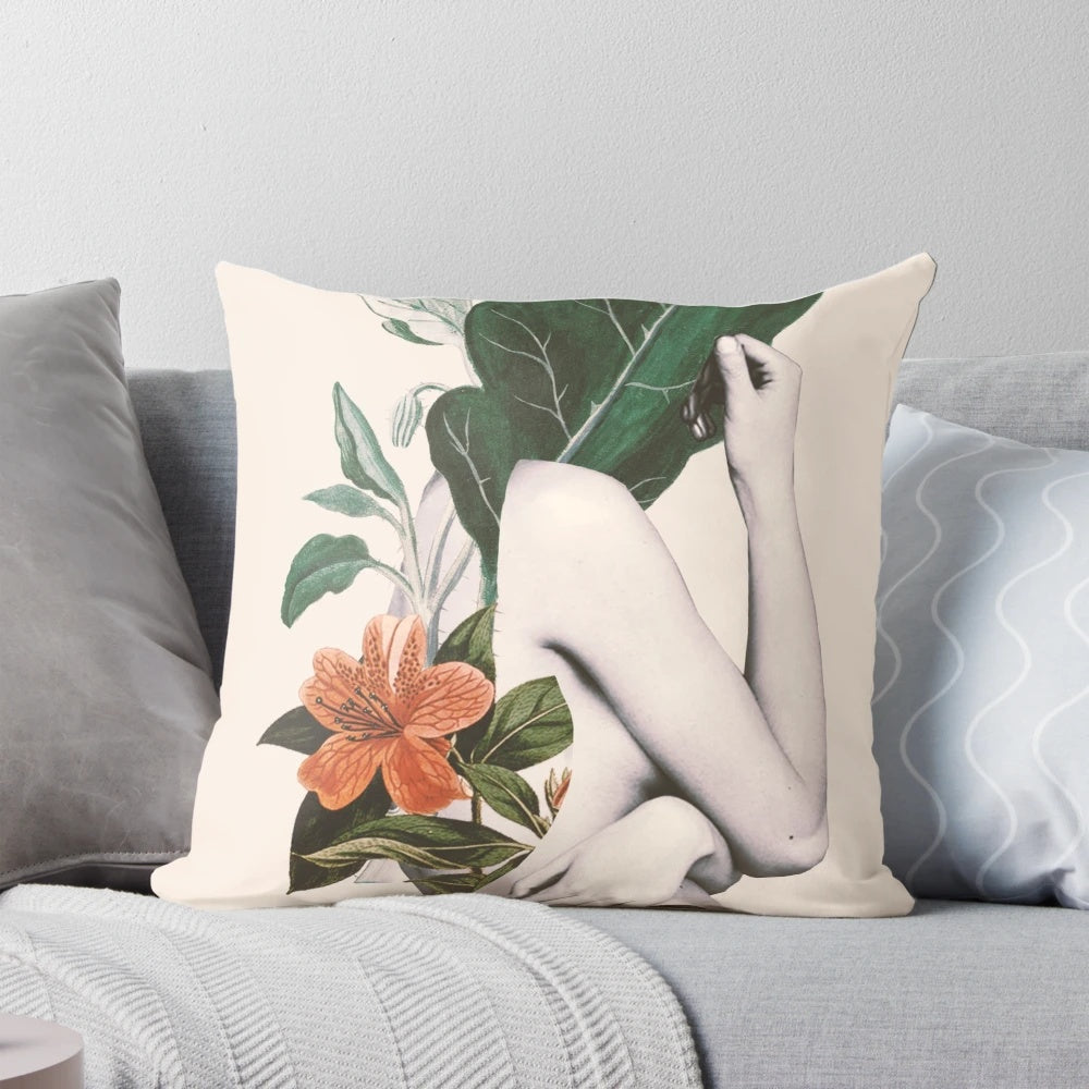 A beautiful natural beauty-inspired collage of leaves, flowers, and a feminine portrait, printed on a high-quality pillow.