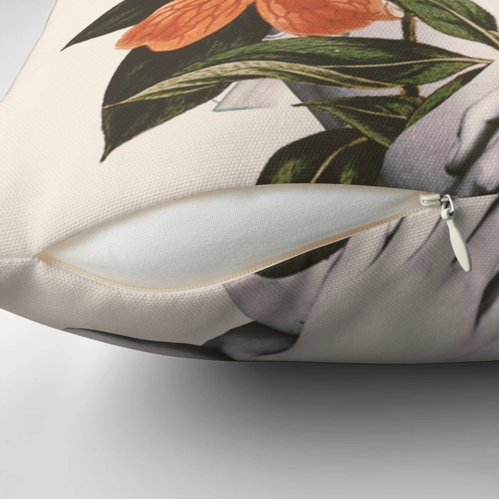 A beautiful natural beauty-inspired collage of leaves, flowers, and a feminine portrait, printed on a high-quality pillow.