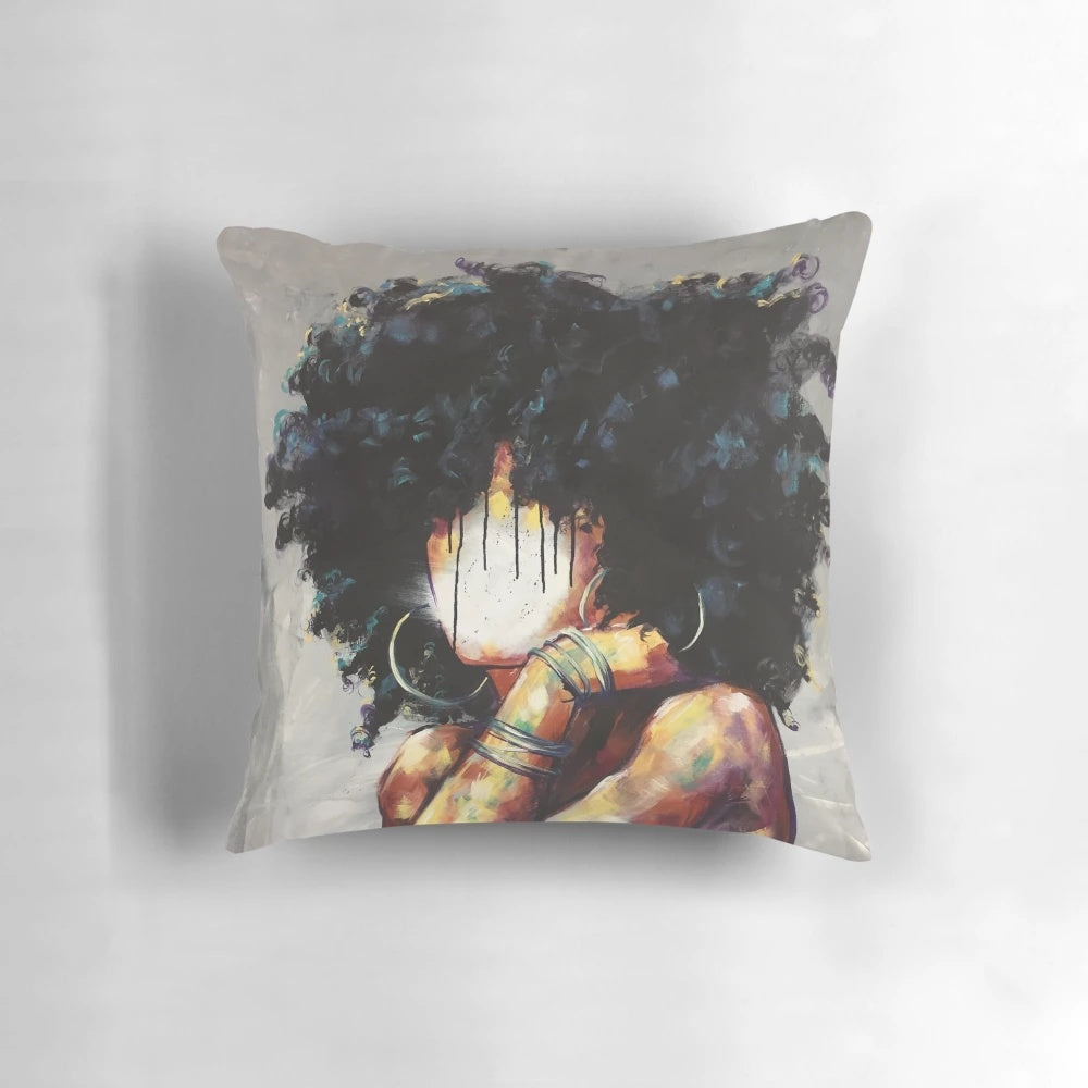 Naturally II Pillow, a decorative black art throw pillow featuring a portrait of a Black woman with an afro