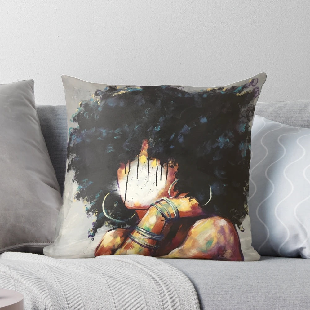 Naturally II Pillow, a decorative black art throw pillow featuring a portrait of a Black woman with an afro