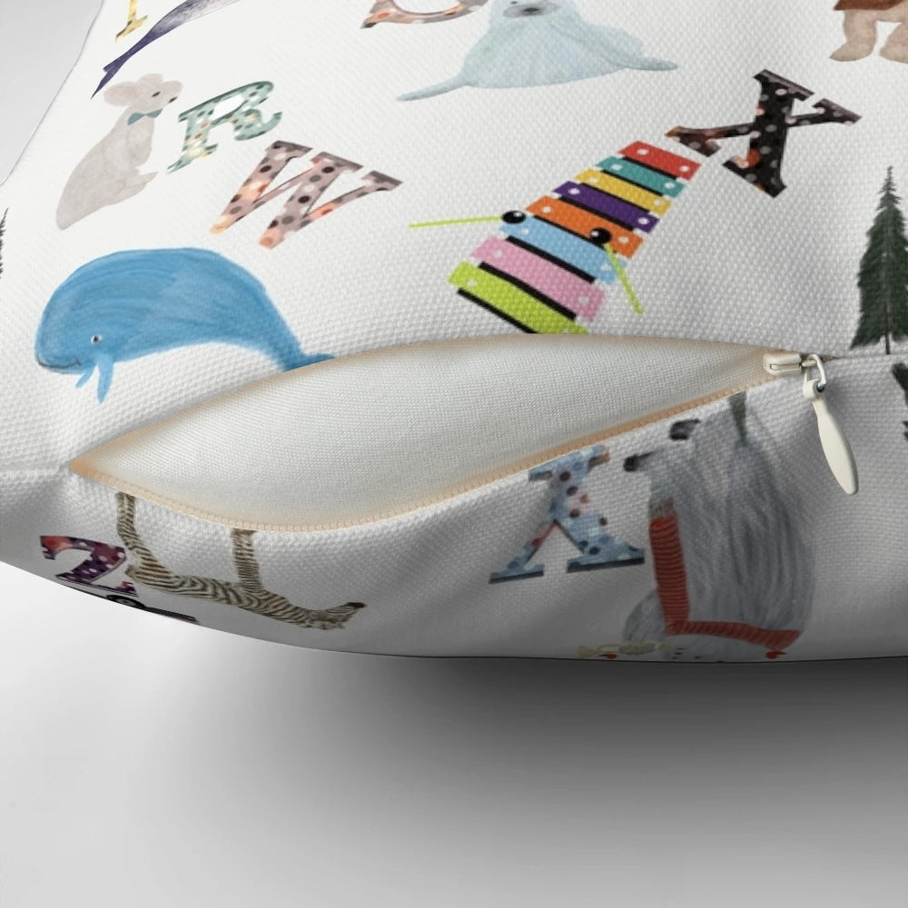 Nature alphabet pillow with cute illustrations of woodland animals