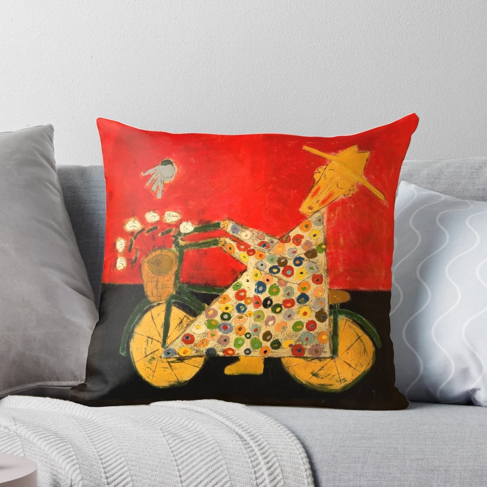 Nature-inspired decorative pillow featuring a bicycle monk and bluebird design