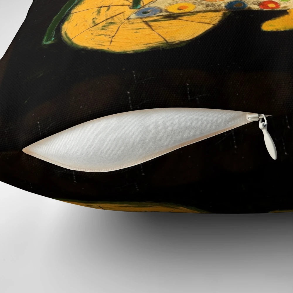 Nature-inspired decorative pillow featuring a bicycle monk and bluebird design