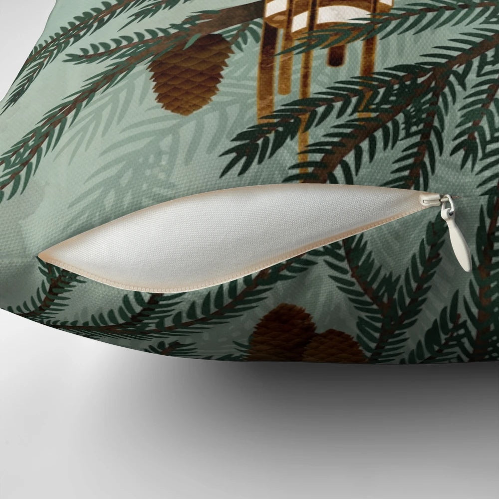 A beautifully crafted pillow featuring a hand-painted great horned owl and pine tree design