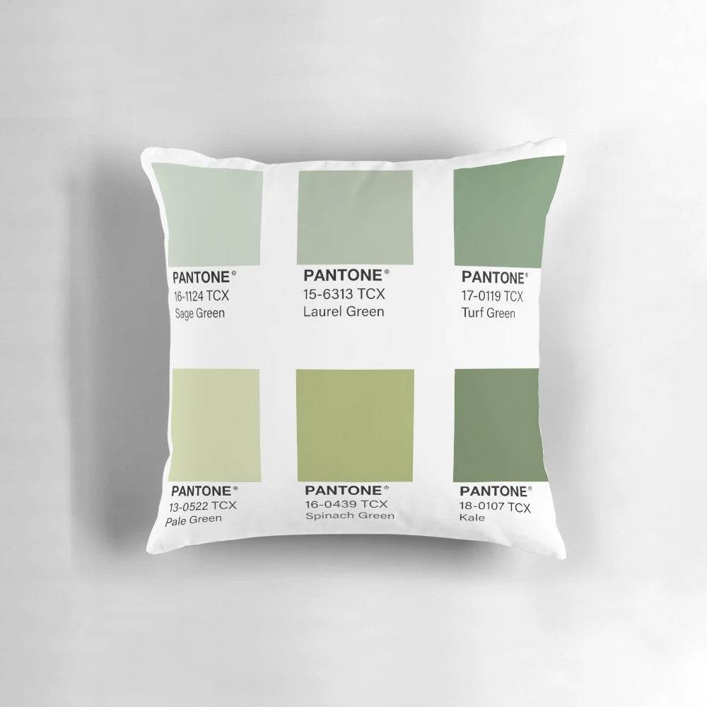 Green Pantone color swatch print throw pillow featuring an earthy, nature-inspired design.