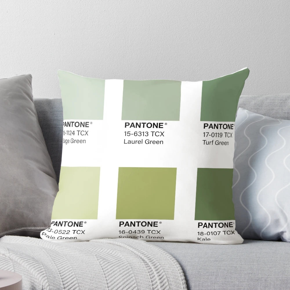 Green Pantone color swatch print throw pillow featuring an earthy, nature-inspired design.
