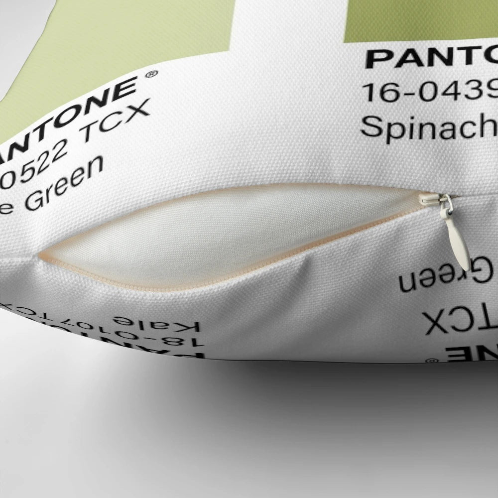 Green Pantone color swatch print throw pillow featuring an earthy, nature-inspired design.