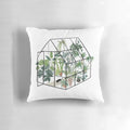 Cozy green and floral pillow with a greenhouse design, featuring lush plants and greenery.