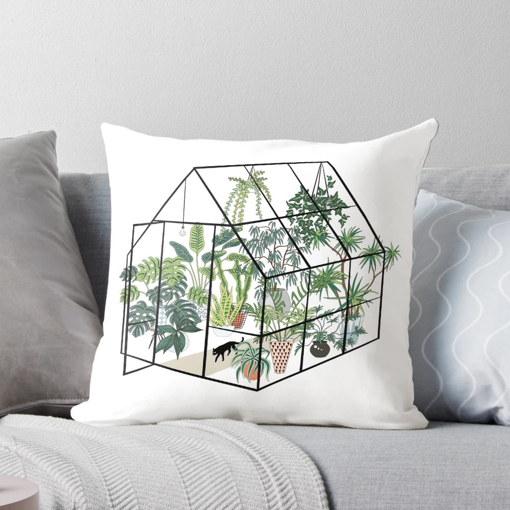 Cozy green and floral pillow with a greenhouse design, featuring lush plants and greenery.