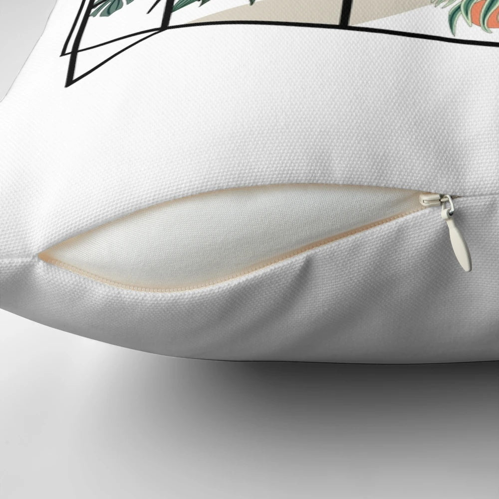 Cozy green and floral pillow with a greenhouse design, featuring lush plants and greenery.