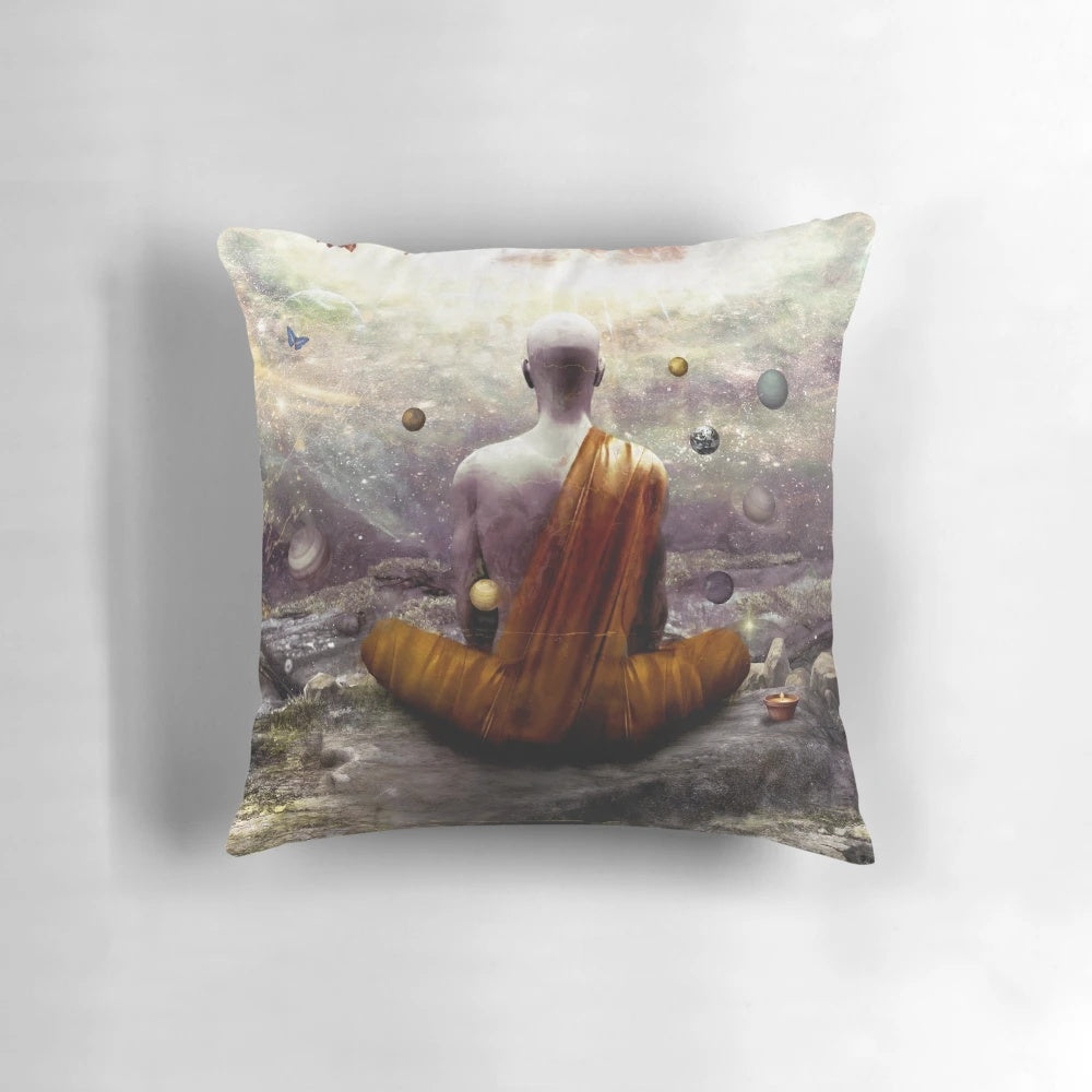 Decorative nature-inspired pillow featuring surreal and visionary artwork by Australian artist Cameron Grey