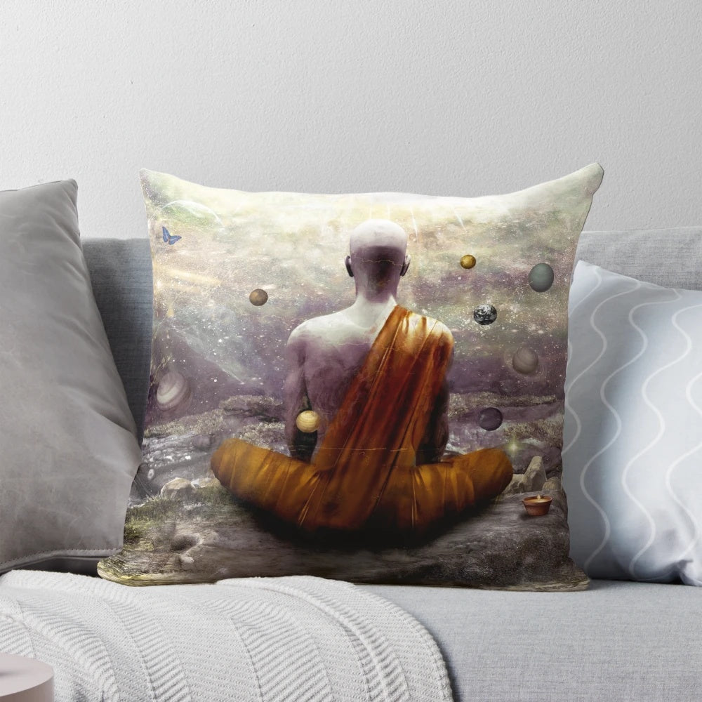 Decorative nature-inspired pillow featuring surreal and visionary artwork by Australian artist Cameron Grey