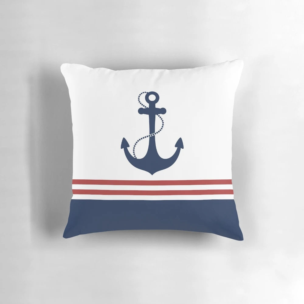 Nautical anchor design pillow in navy blue, red, and white striped pattern