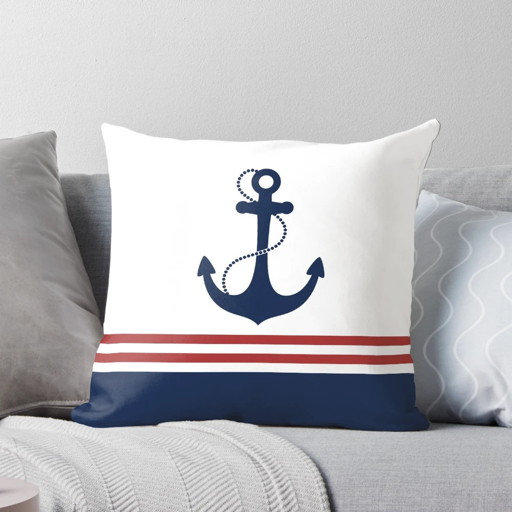 Nautical anchor design pillow in navy blue, red, and white striped pattern