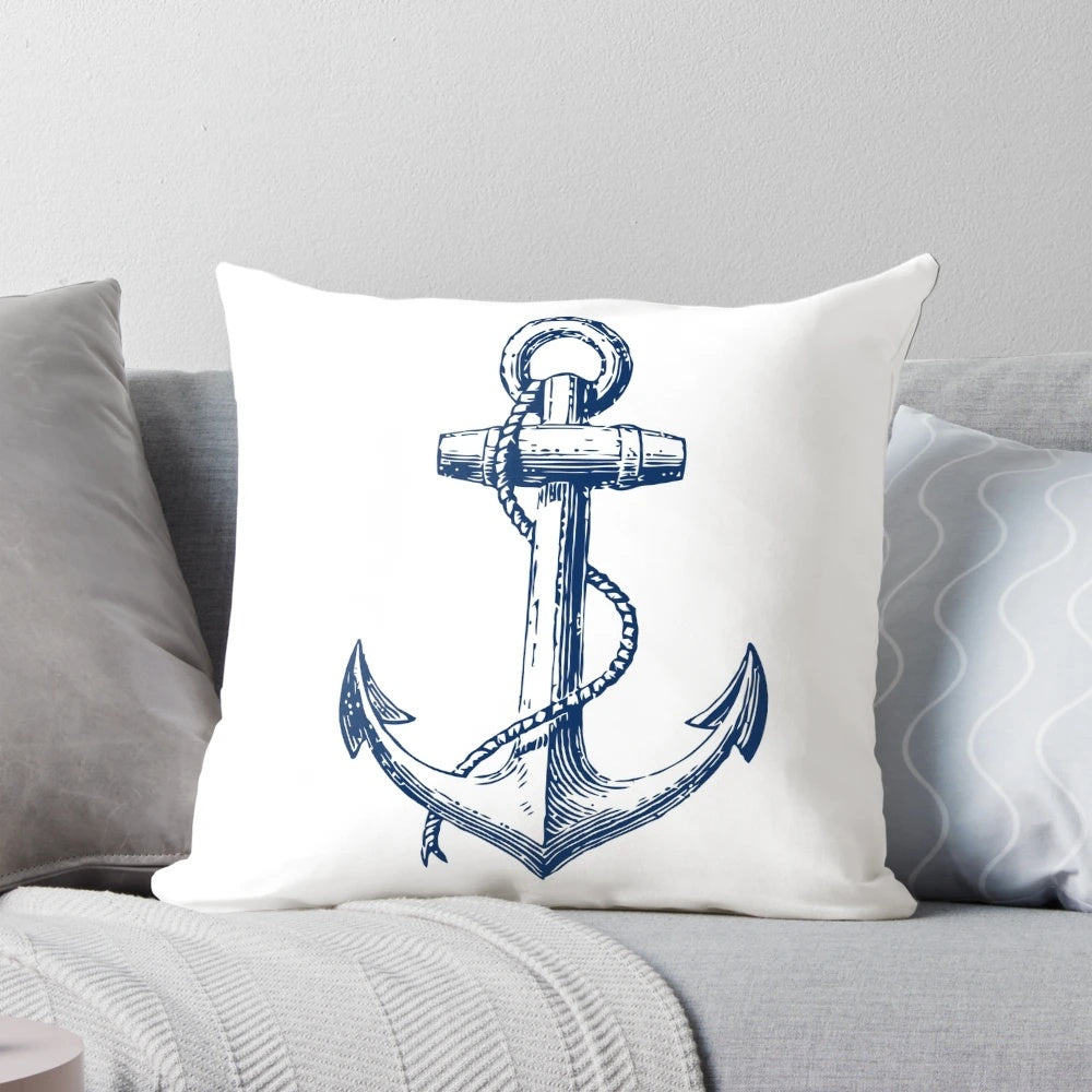 Nautical anchor decorative pillow featuring a blue and white design