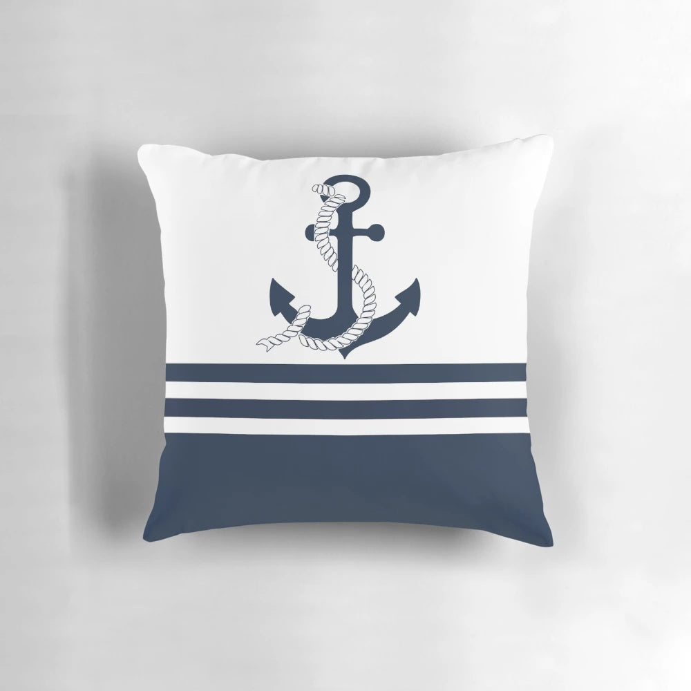 Nautical-themed decorative throw pillow with anchor and blue and white striped pattern