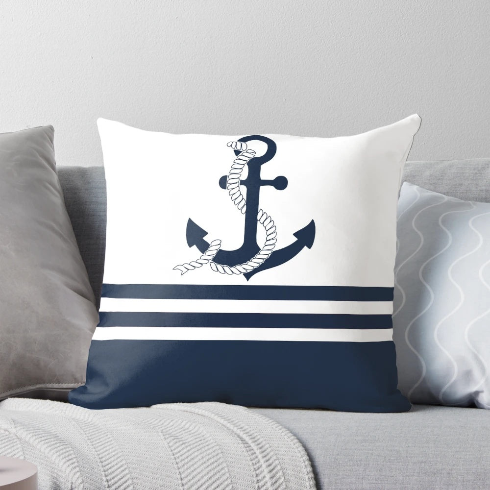 Nautical-themed decorative throw pillow with anchor and blue and white striped pattern