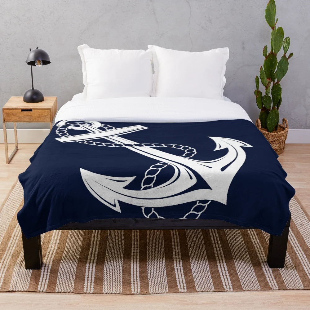 Anchor Nautical White and Navy Plush Blanket