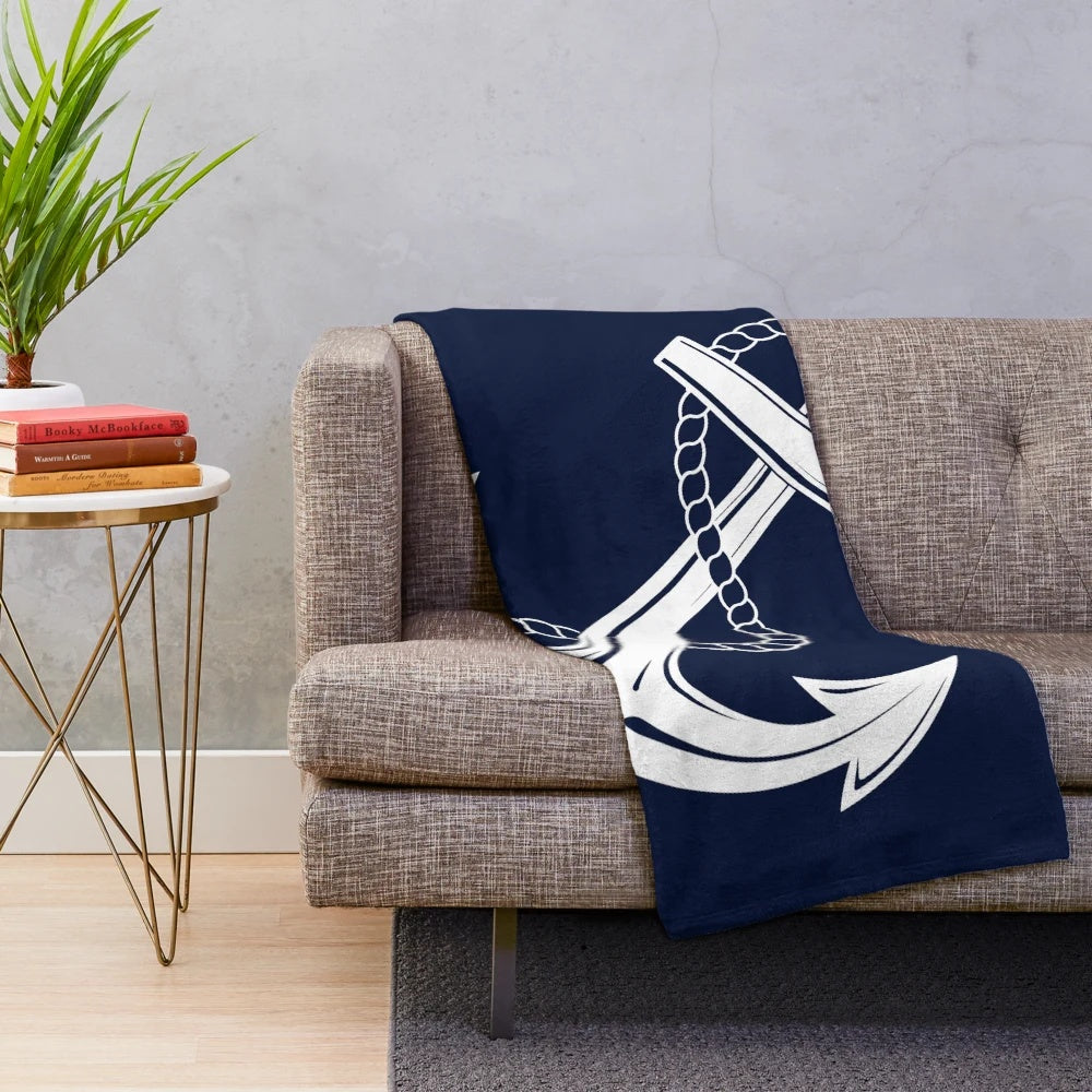 Anchor Nautical White and Navy Plush Blanket