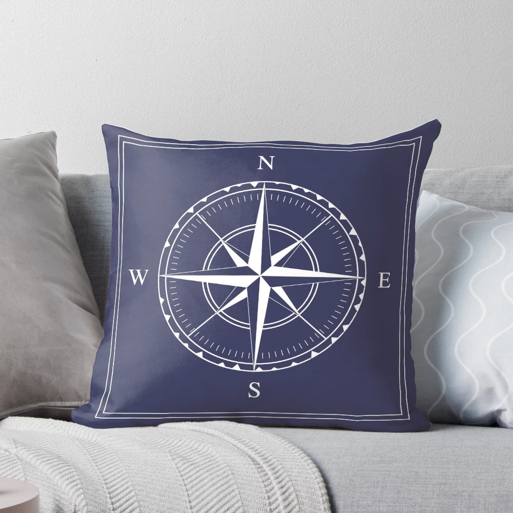 Navy blue and white nautical compass rose decorative throw pillow