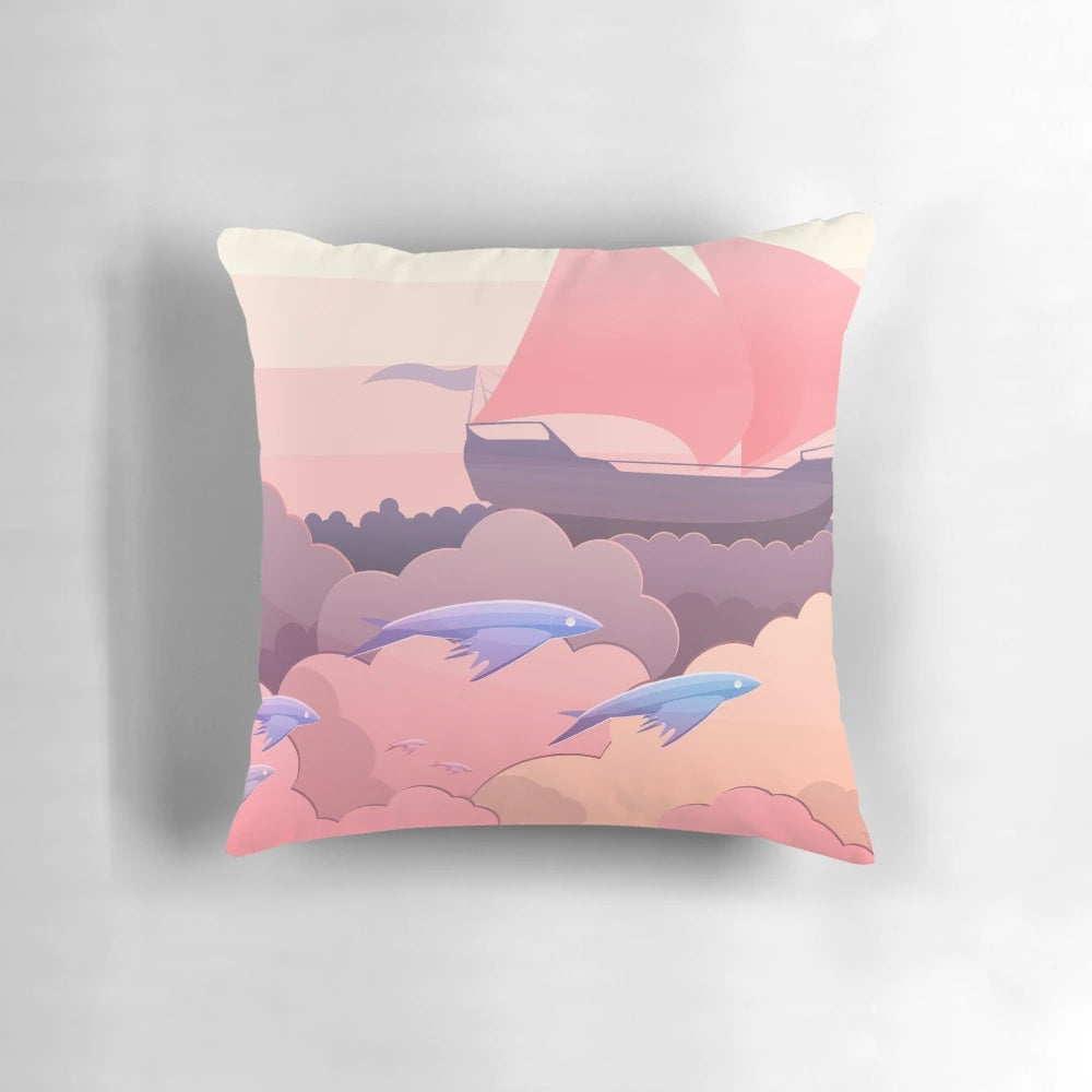 A comfortable fishing-themed pillow with a sunset seascape design
