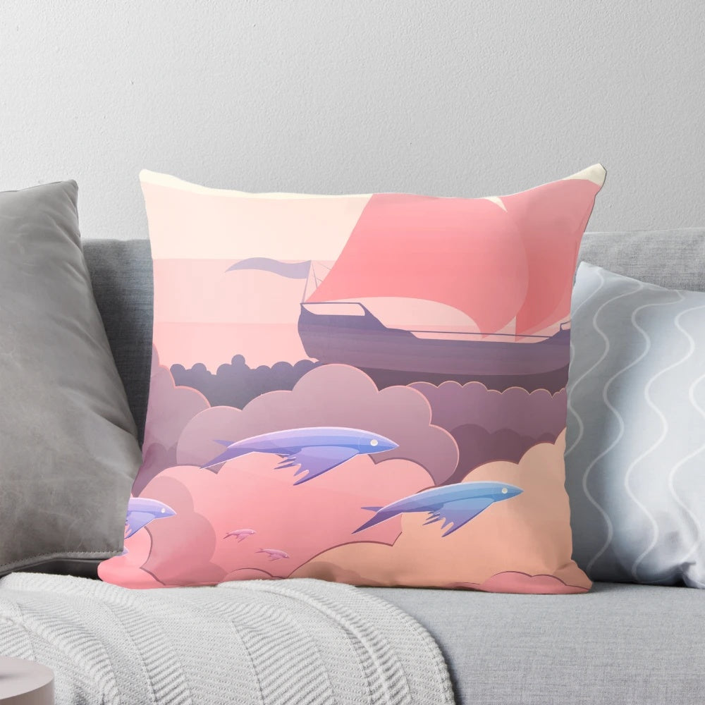 A comfortable fishing-themed pillow with a sunset seascape design