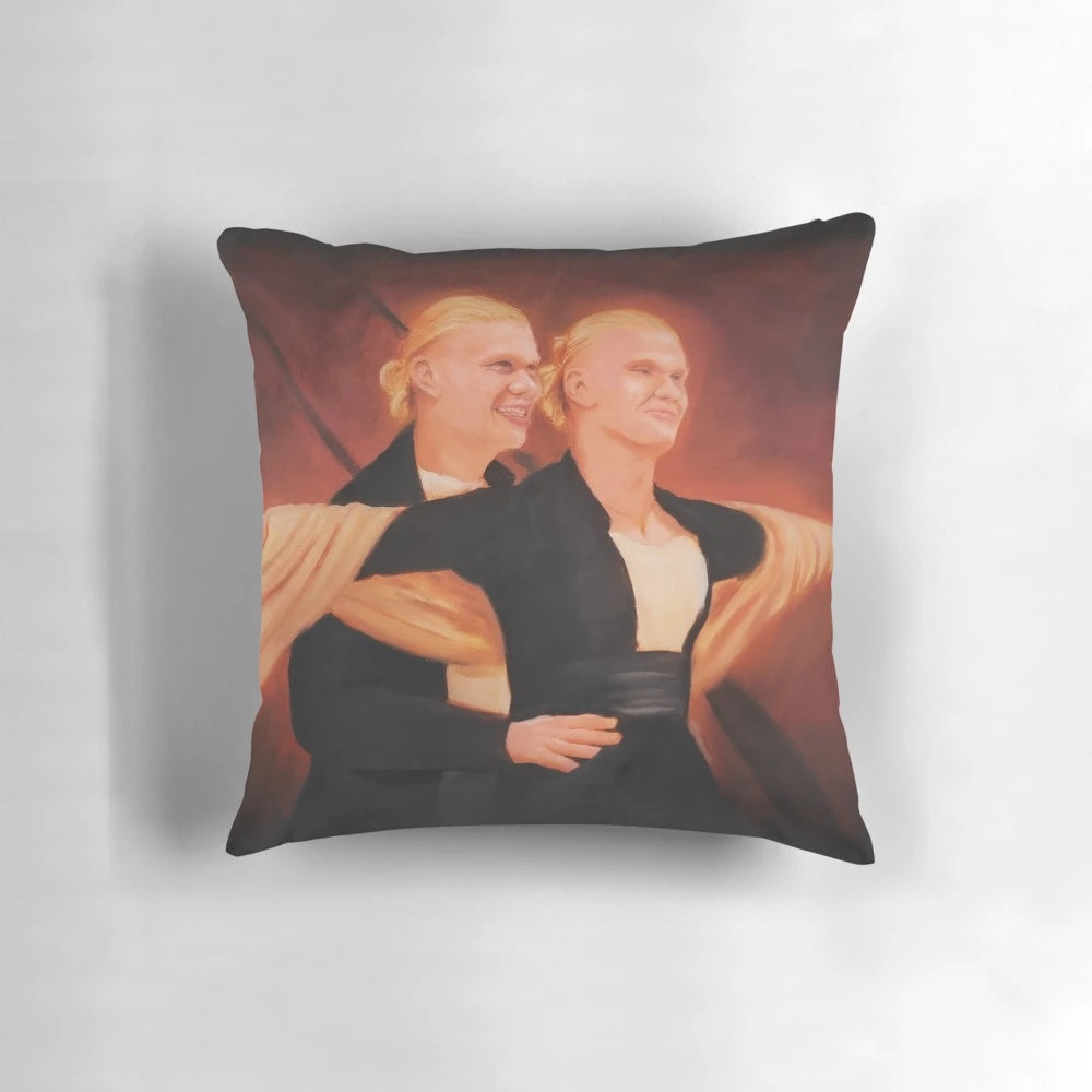 A plush, decorative pillow featuring a Manchester City football player design with a Titanic-inspired nautical theme.