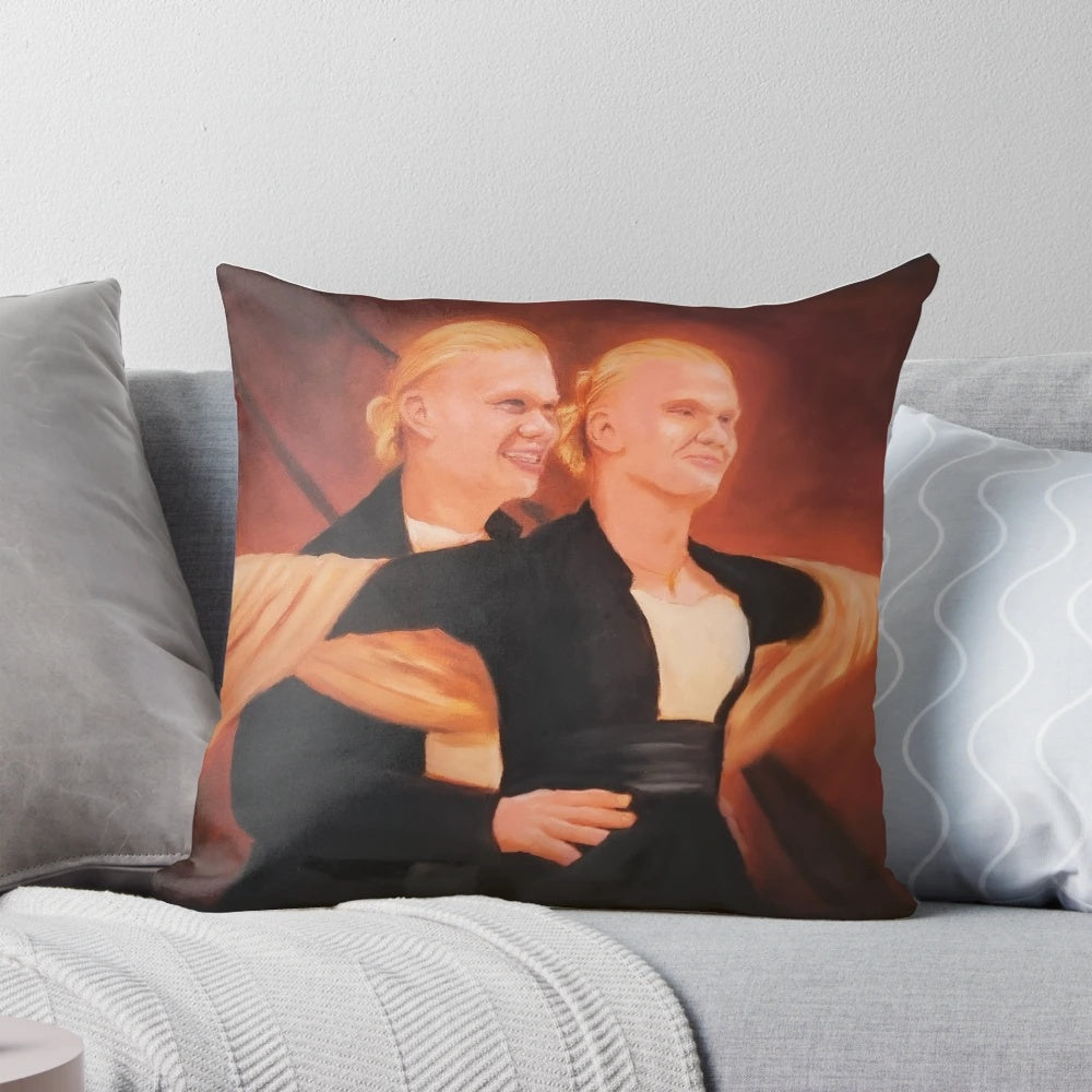A plush, decorative pillow featuring a Manchester City football player design with a Titanic-inspired nautical theme.