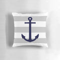 Navy blue and gray striped pillow with an anchor design, perfect for coastal decor