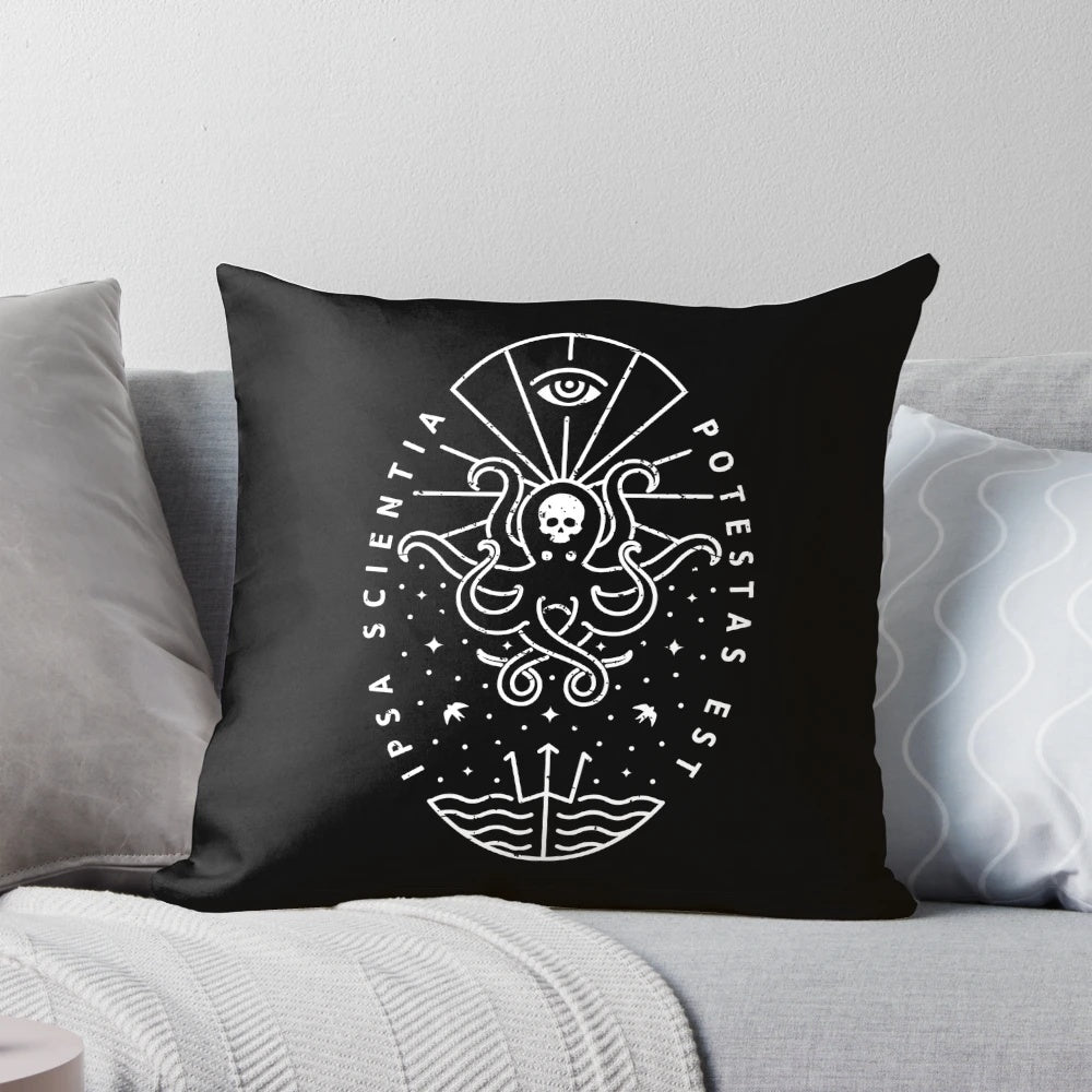A white pillow with a skull and octopus design, representing the power of knowledge and ancient maritime mythology.