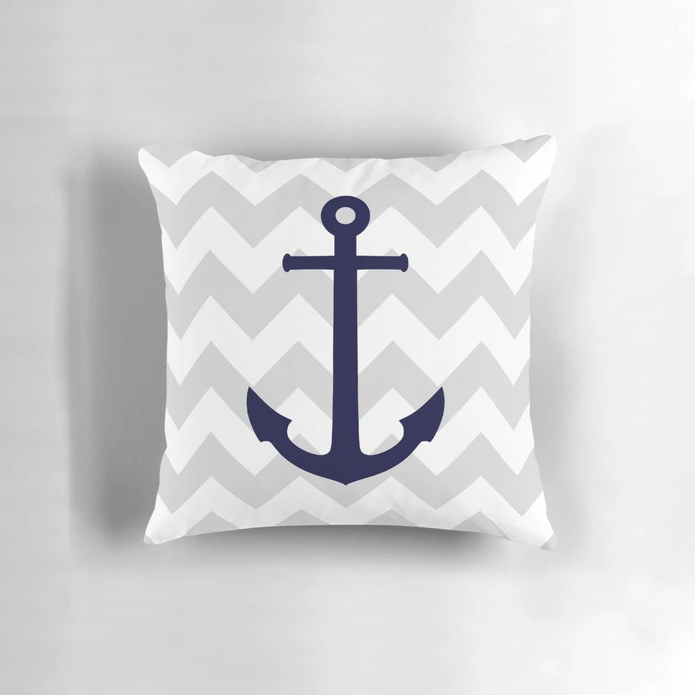 Nautical navy blue anchor on gray chevron pattern decorative throw pillow