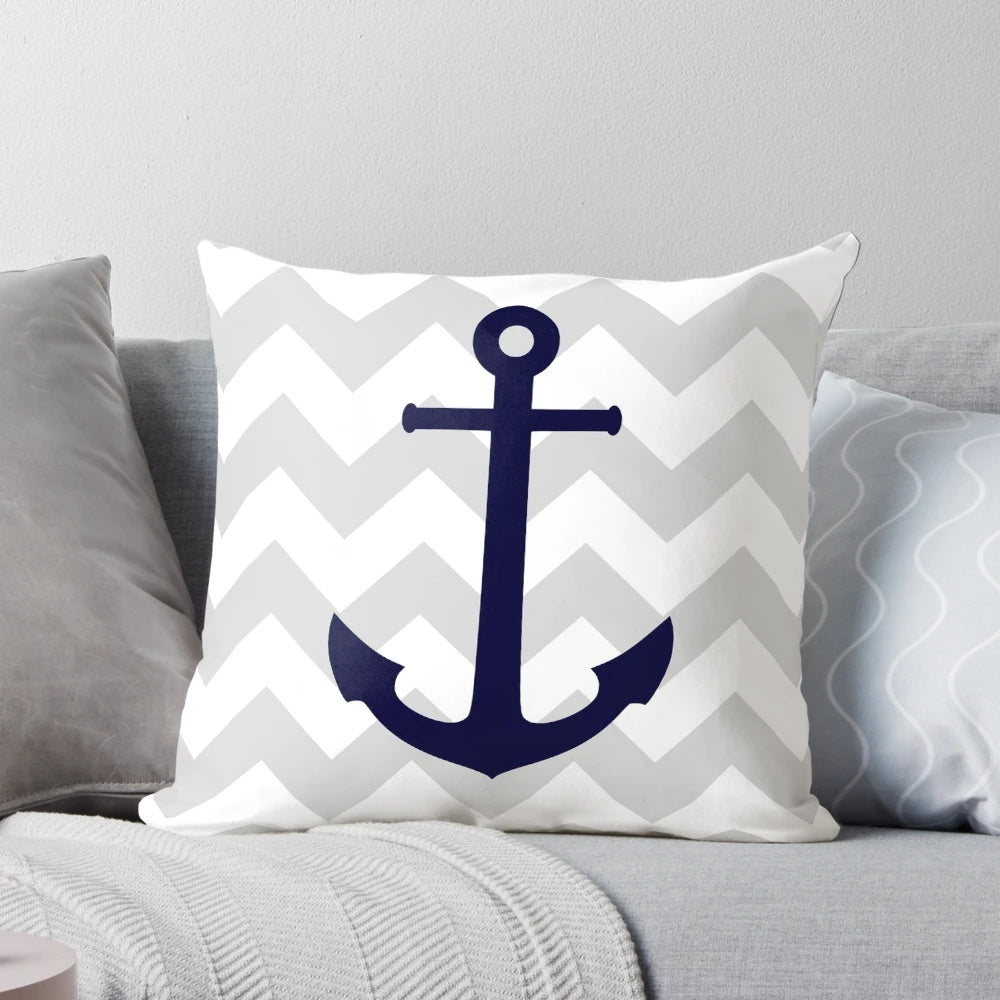 Nautical navy blue anchor on gray chevron pattern decorative throw pillow