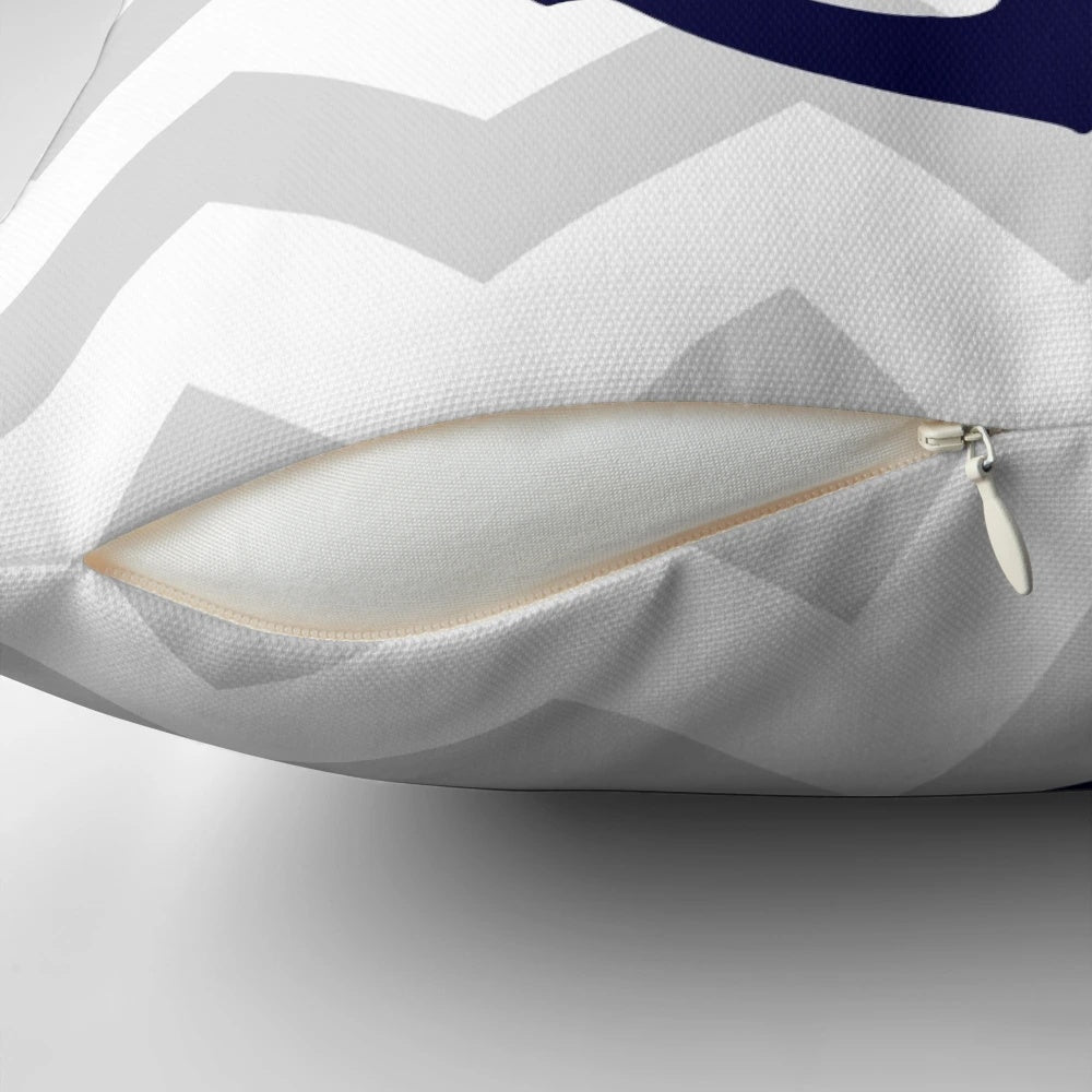 Nautical navy blue anchor on gray chevron pattern decorative throw pillow