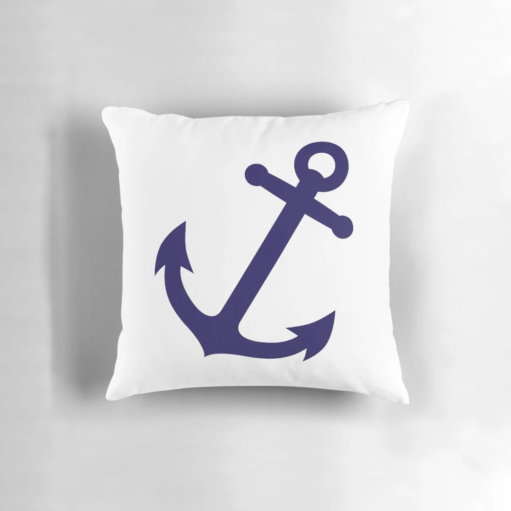 Navy blue anchor-patterned decorative throw pillow for nautical home decor