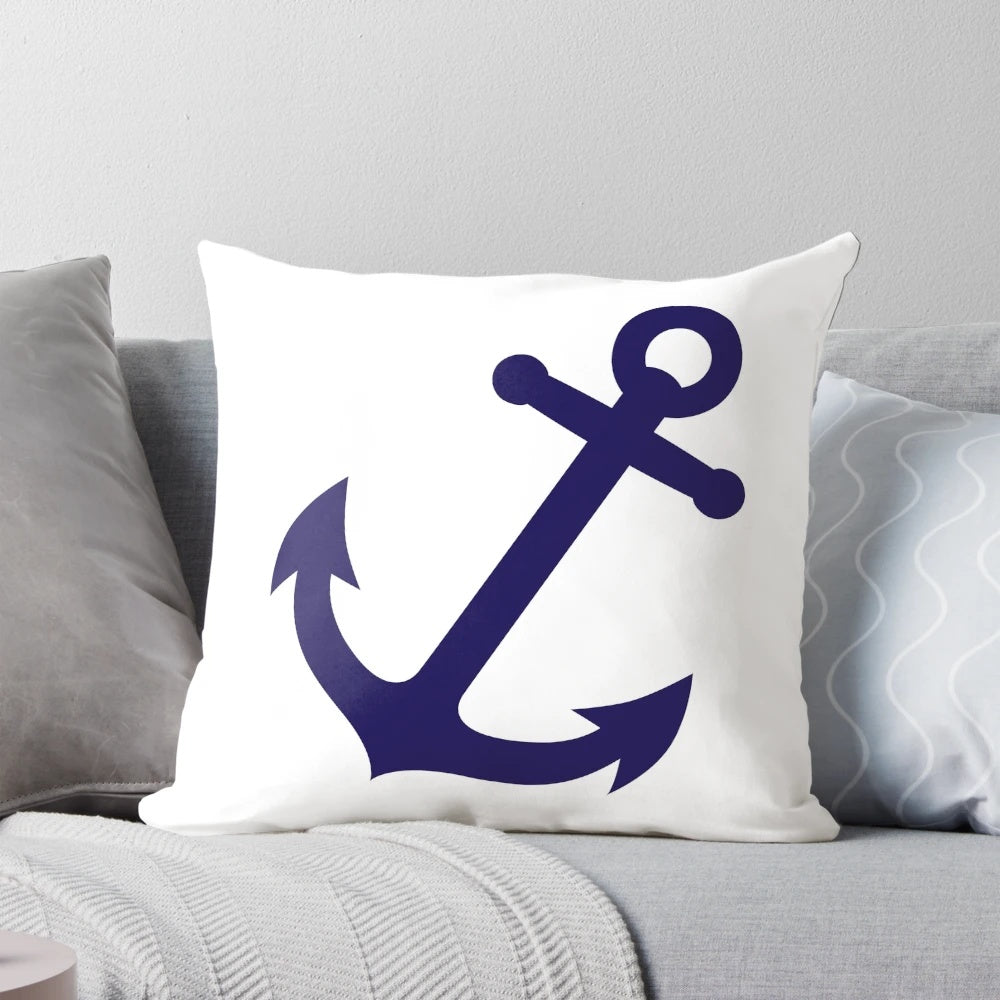 Navy blue anchor-patterned decorative throw pillow for nautical home decor